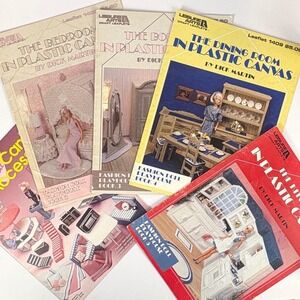 Leisure Arts Plastic Canvas Pattern Book Lot 5 Fashion Doll Playhouse Camper 90s